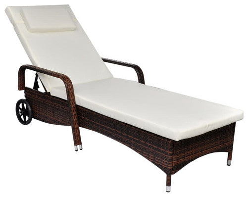 vidaXL Patio Lounge Chair Sunlounger with Cushion and Wheels Poly Rattan Brown
