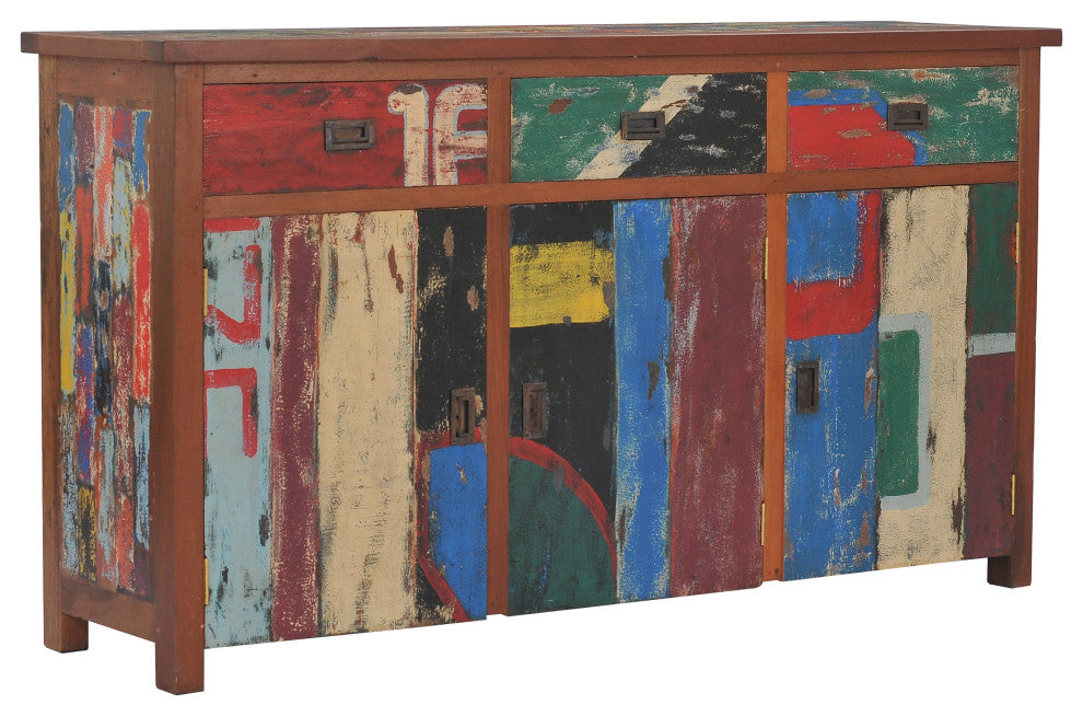 Buffet with 3 Doors and 3 Drawers Made from Recycled Teak Wood Boats, 63" Wide