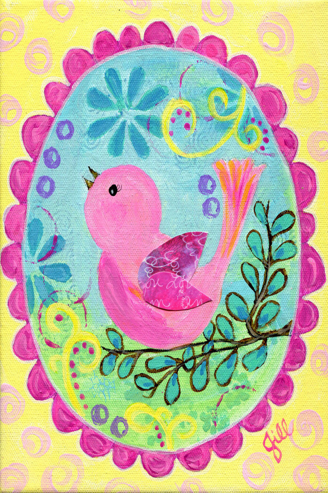 "Pink Bird Sings" Painting Print on Wrapped Canvas