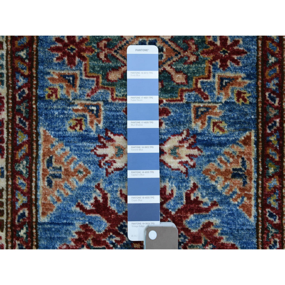 Blue Pure Wool Hand Knotted Geometric Caucasian Super Kazak Mat Rug, 2'1"x2'10"