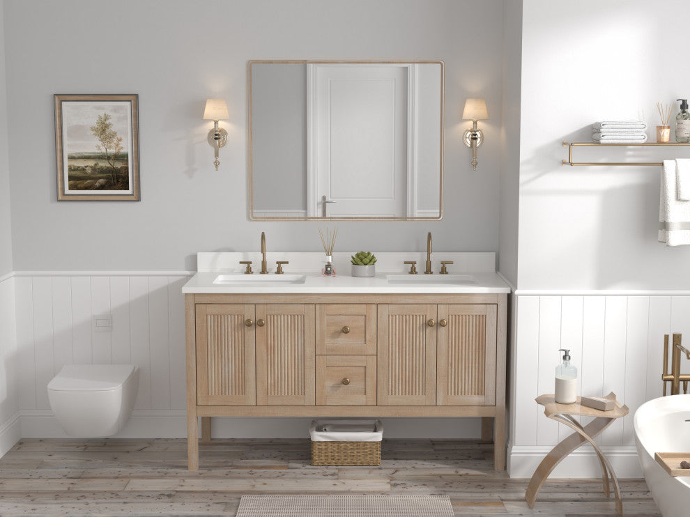 Modern Light Oak Sera Bathroom Vanity With White Quartz Top, 60" Double Sink