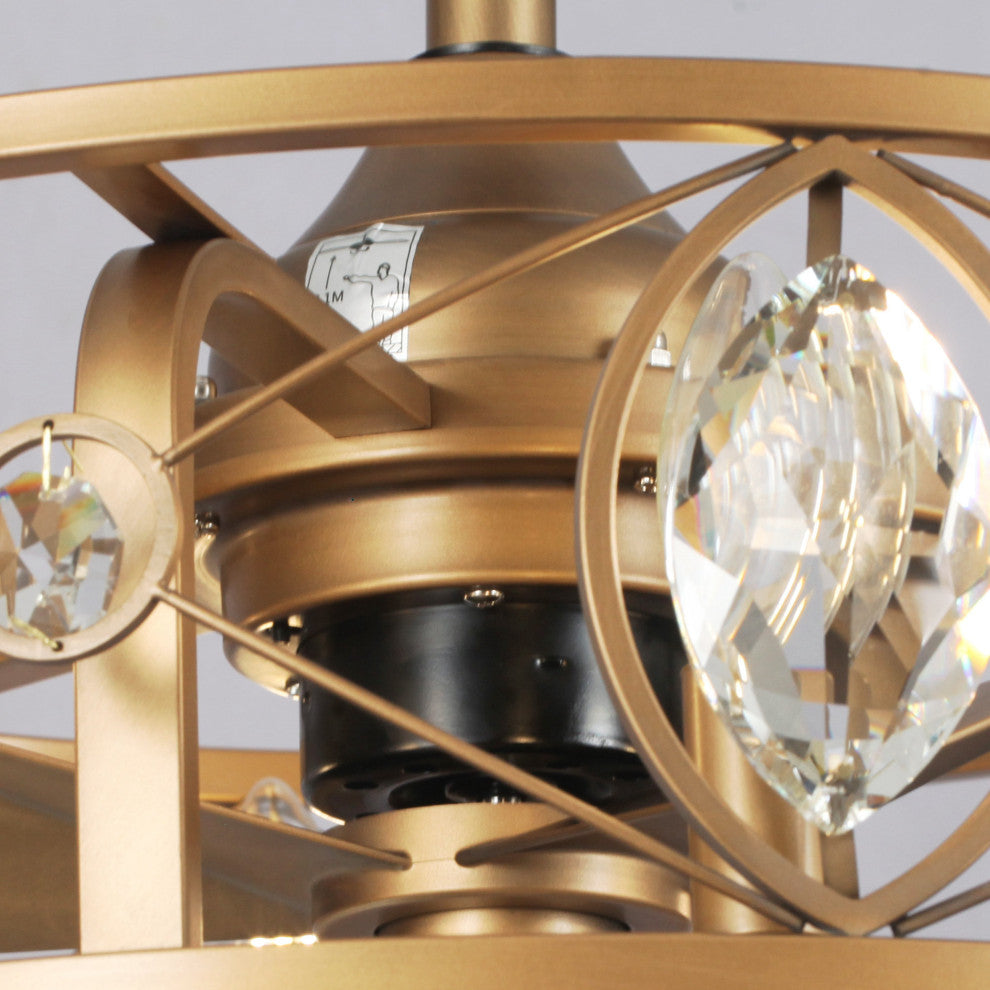 22 in Indoor Brass Gold Crystal Caged Ceiling Fan Chandelier With Remote
