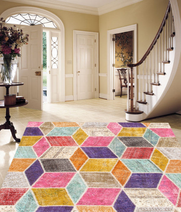 Hand-Knotted Patchwork Over-Dyed 8'x10'