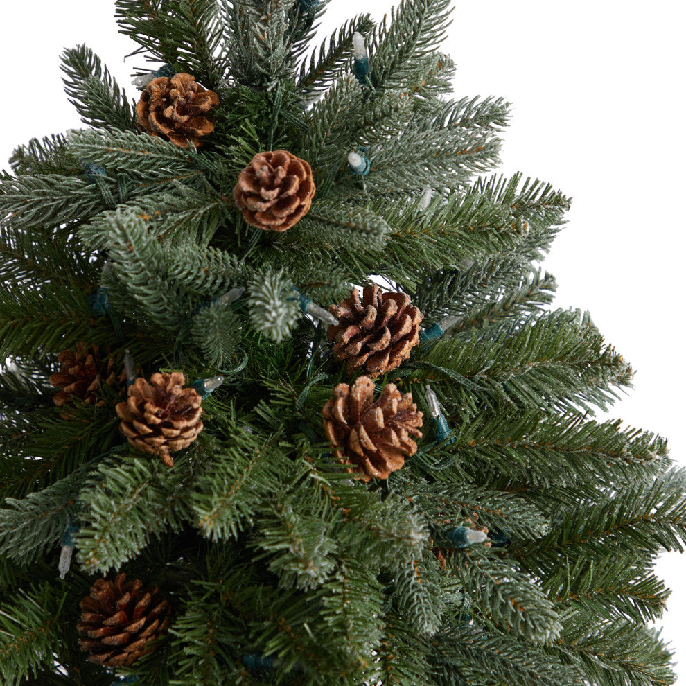 5' Colorado Fir Flocked Faux Xmas Tree W/Lights, Bendable Branches & Pinecones
