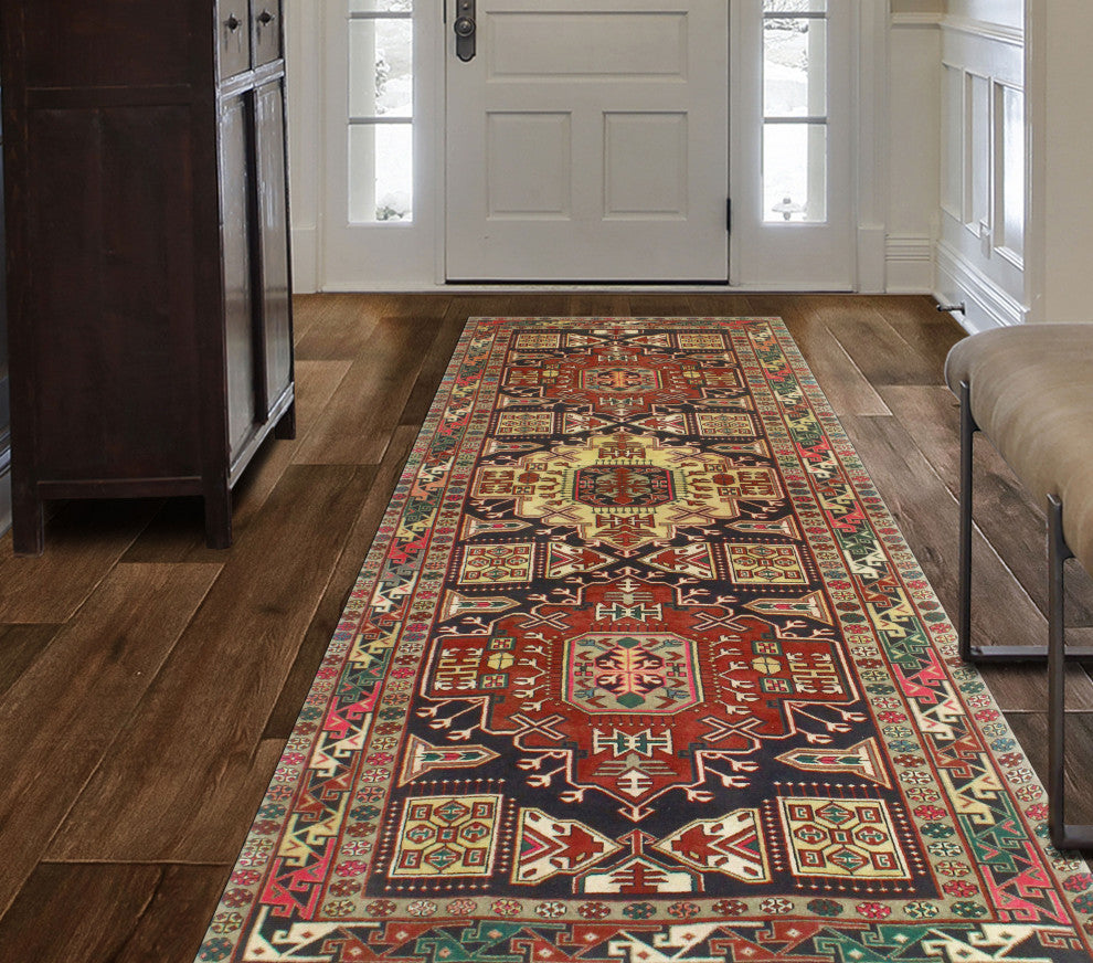 Fine Vintage Distressed Mazhar Navy/Beige Runner, 4'5x10'0