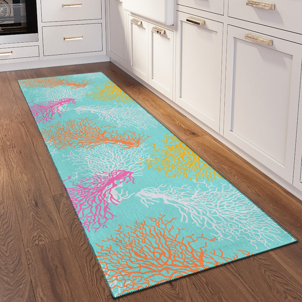 Indoor/Outdoor Seabreeze SZ3 Teal Machine Washable 2'3" x 7'6" Runner Rug
