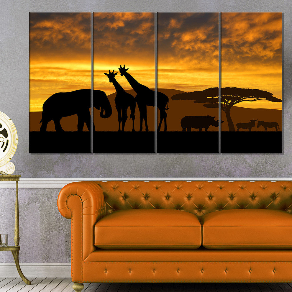 Giraffes and Elephant and Rhino, African Canvas Art Print, 48"x28", 4 Panels