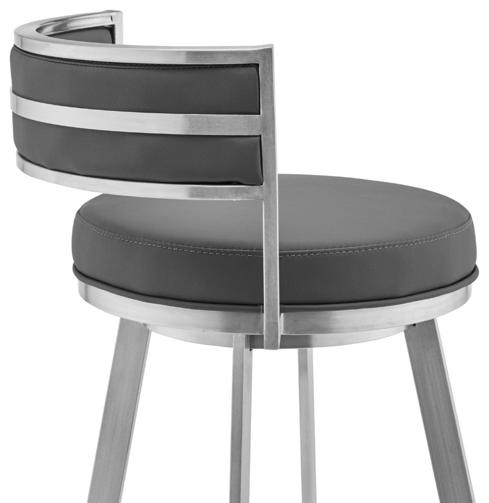 Roman 26" Gray Faux Leather and Brushed Stainless Steel Swivel Bar Stool