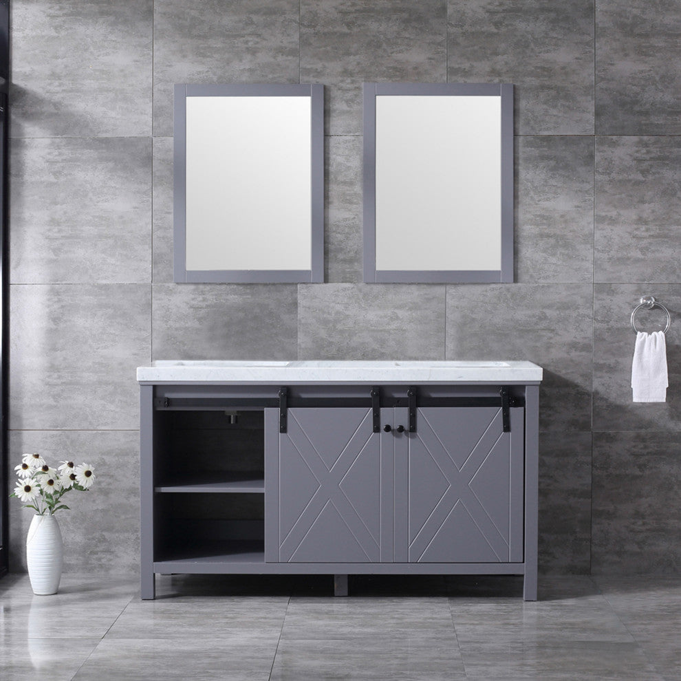 Marsyas 60" Dark Gray Double Vanity Carrara Marble Top Sinks, 24" Wall Mirrors