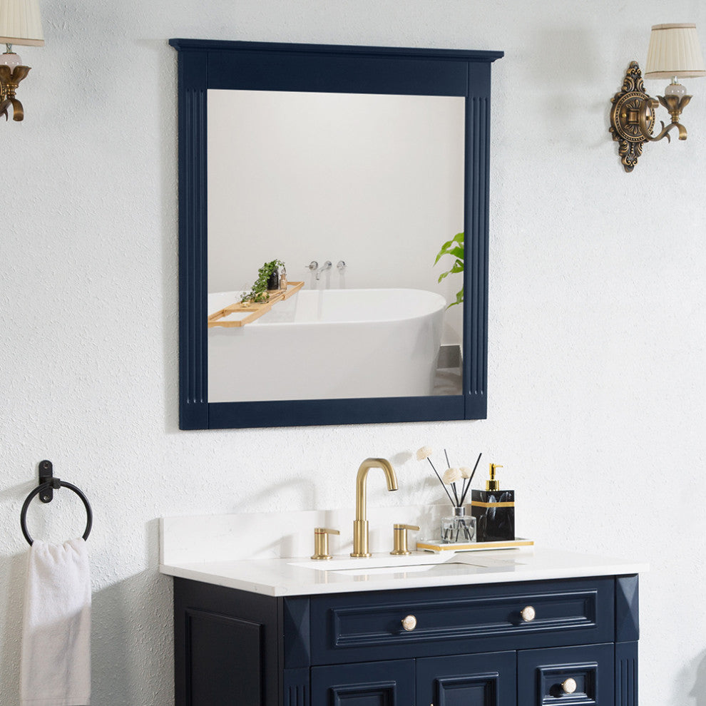 Solid Wood Bathroom Vanity Mirror for Wall Mounted, Navy Blue, 32x33