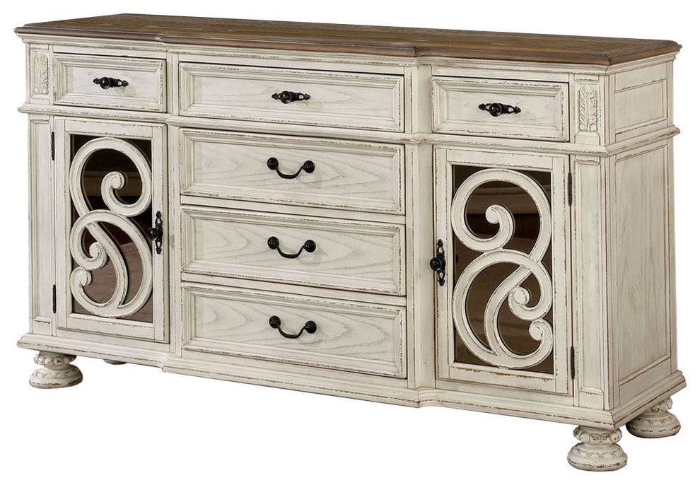 Benzara BM252370 Server With Intricate Wood Inlay Details, Antique White