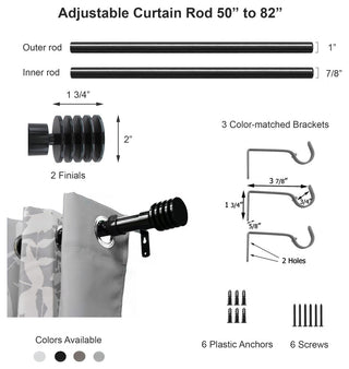 2 Pack Adjustable 1" Single Window Curtain Rod 50" to 82", Taupe