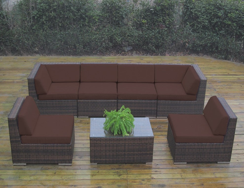 Ohana 7-Piece Deep Seating Sectional Set, Brown, Brown Wicker