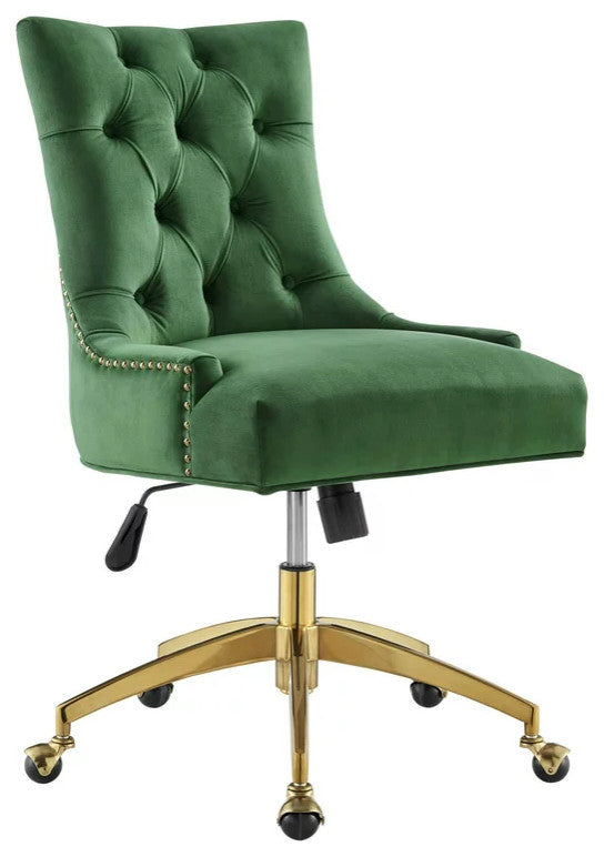 Vintage Office Chair, Golden Base With Velvet Seat & Hourglass Back, Emerald