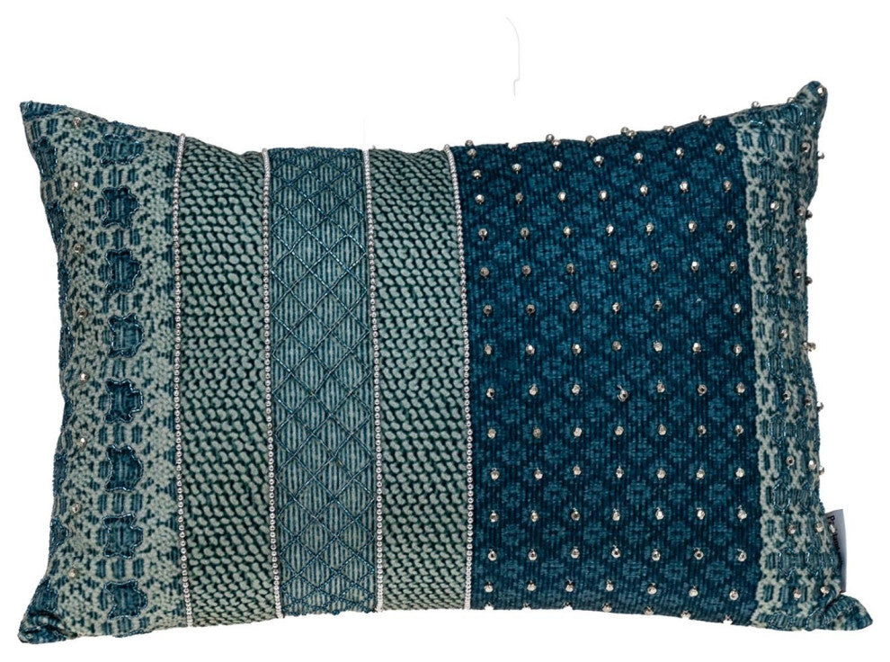 Blue and Aqua Beaded Embroidered Decorative Throw Pillow