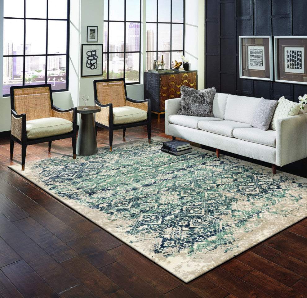 3"x5" Beige Blue Distressed Diamonds Area Rug