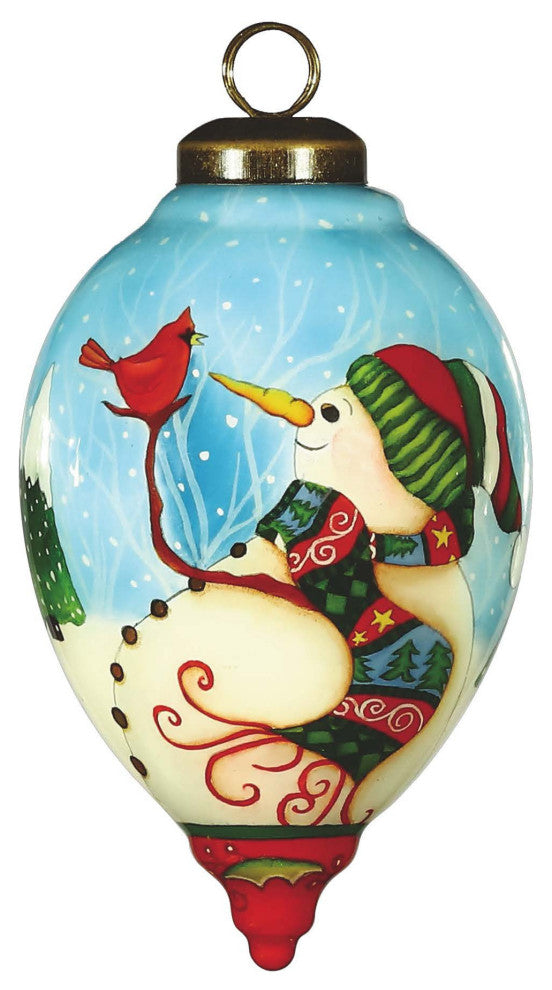 Snowman and Red Cardinal Hand Painted Mouth Blown Glass Ornament