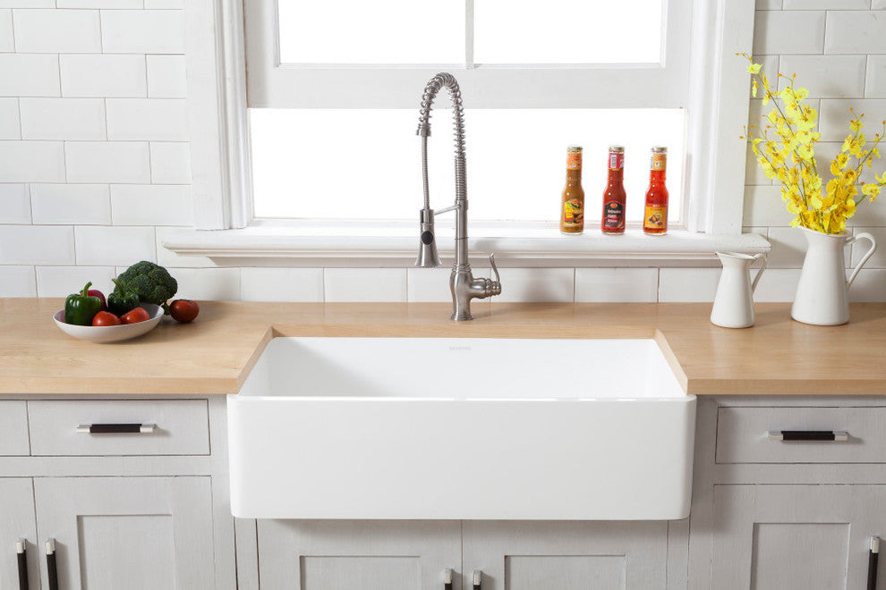 Solid Surface White Stone Front Farmhouse Single Bowl Kitchen Sink, Matte White