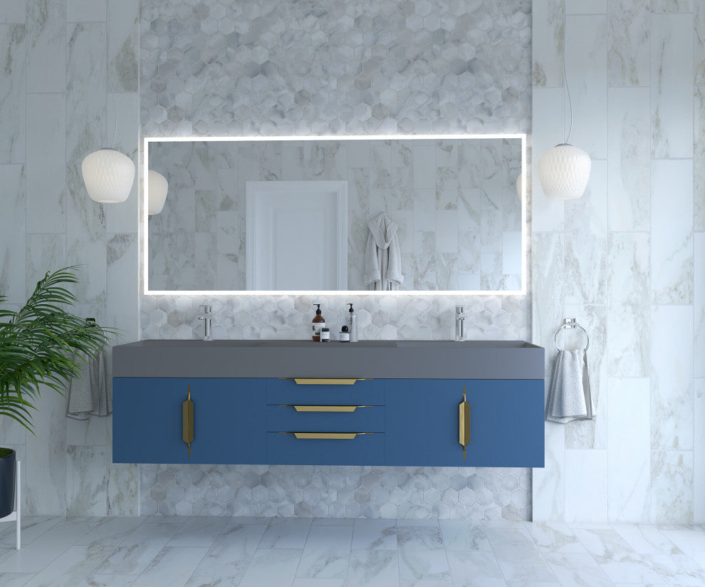 CastelloUSA Amazon 72" Wall Mounted Vanity Set, Blue, Gray Top, Gold Handles