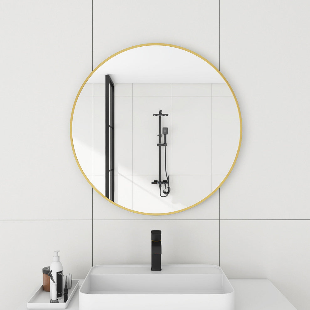 1.57" Wx31.5" H Round Framed Wall Mounted Bathroom Vanity Mirror, Brushed Gold