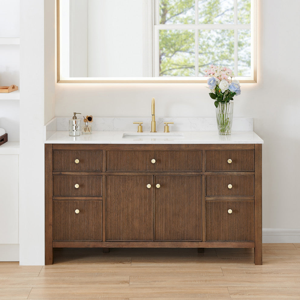 Cerrito Bathroom Vanity, Brown Brushed Oak, 60" Single, Without Mirror