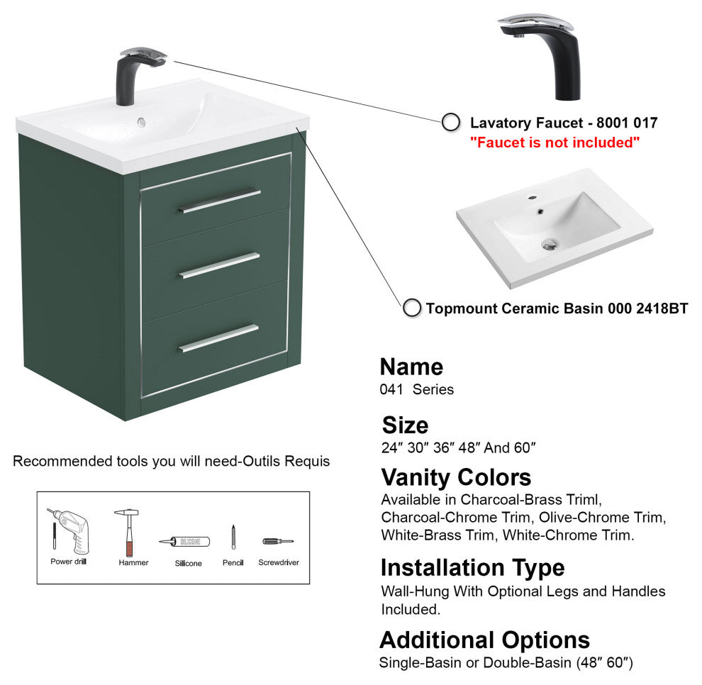 Sherwood 24" Single Vanity Set, Olive, Chrome Trim, Floating Only