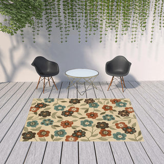 7' x 10' Brown and Ivory Floral Stain Resistant Indoor Outdoor Area Rug
