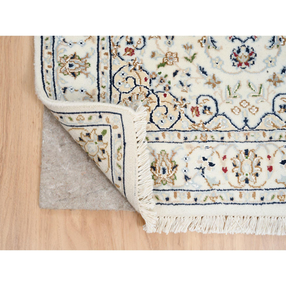 Ivory, Nain, 250 KPSI Wool and Silk Hand Knotted Runner Rug, 2'8" x 13'3"