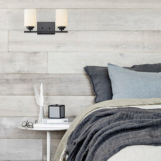 2-Light Matte Black Vanity With Etched White Glass Shades