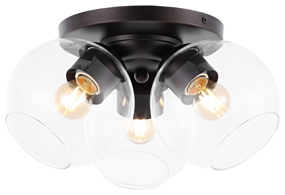 Iris 11.5" 3-Light Farmhouse Rustic Iron/Glass LED Semi Flush Mount, Black