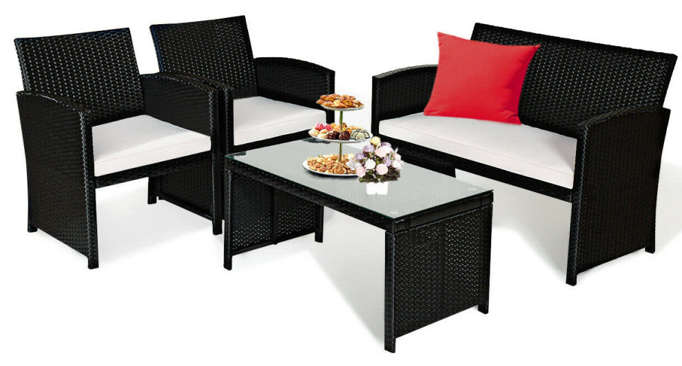 Costway 4 Pc Rattan Patio Furniture Set Garden Lawn Sofa Wicker Cushioned Seat