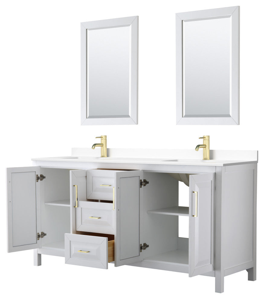 72"DBL Vanity White, White Cult. Marble Countertop, Sinks, 24"Mirrors, Gold Trim