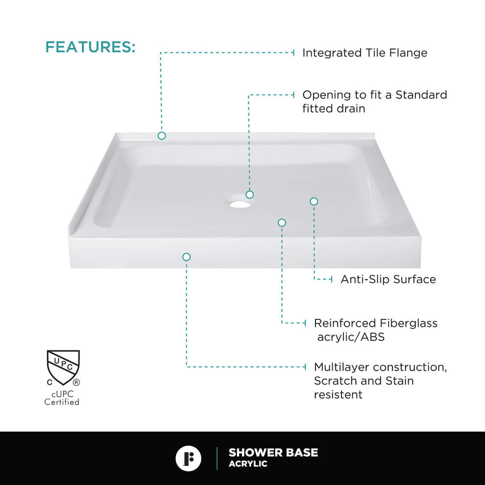 Fine Fixtures Double Threshold Acrylic Shower Base, 42 X 30, Right Hand