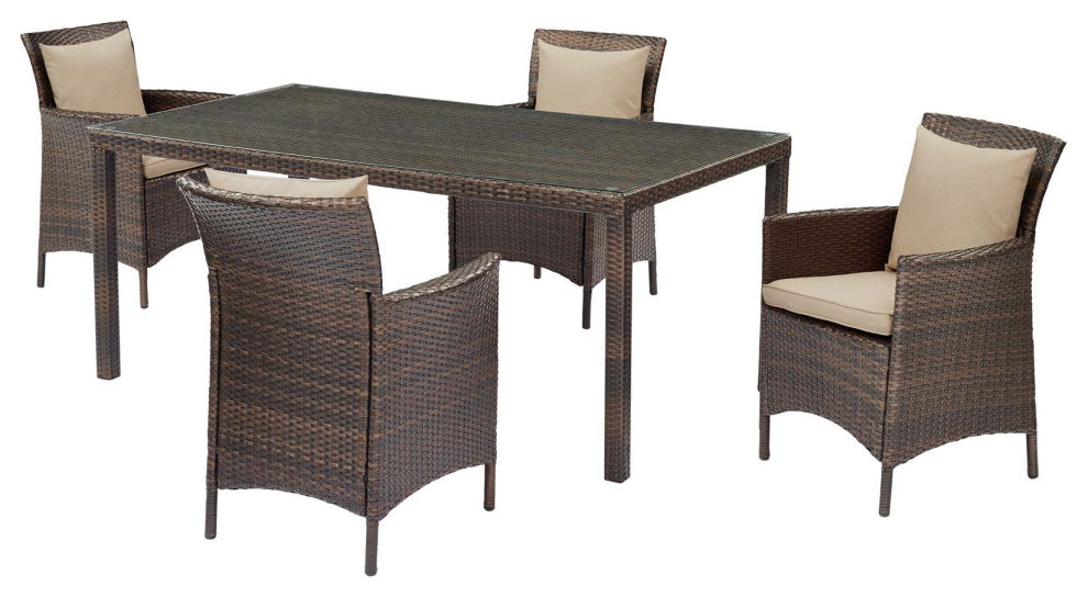 Modern Outdoor Patio Furniture Dining Chair and Table Set, Rattan Wicker, Beige