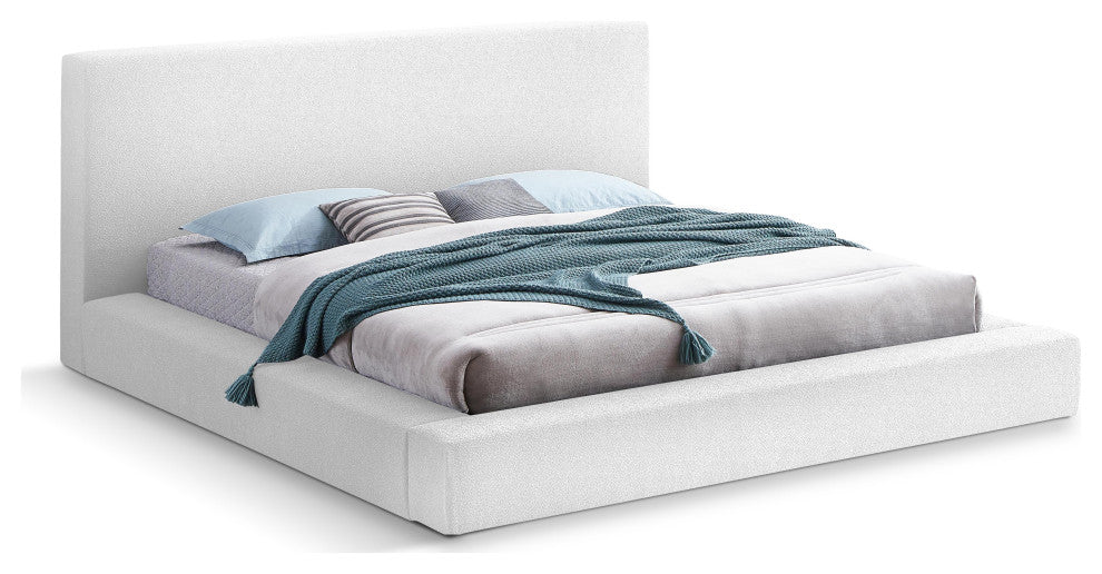 Terra Boucle Fabric Upholstered Bed, White, Full