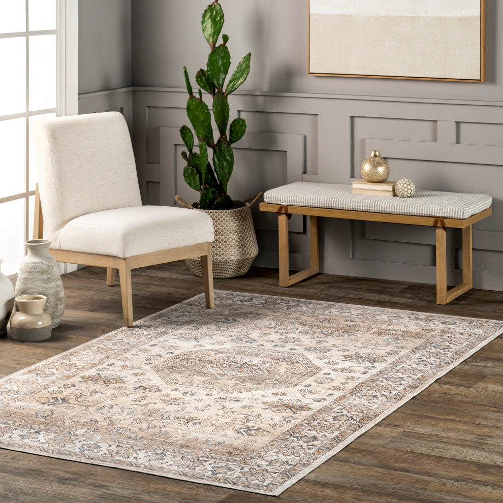 Nuloom Machine Washable Darby Persian Stain Repellent Area Rug, Beige 5'x8'