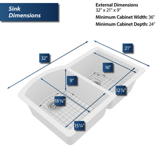 Karran Undermount Quartz 32" 60/40 Double Bowl Kitchen Sink Kit, White