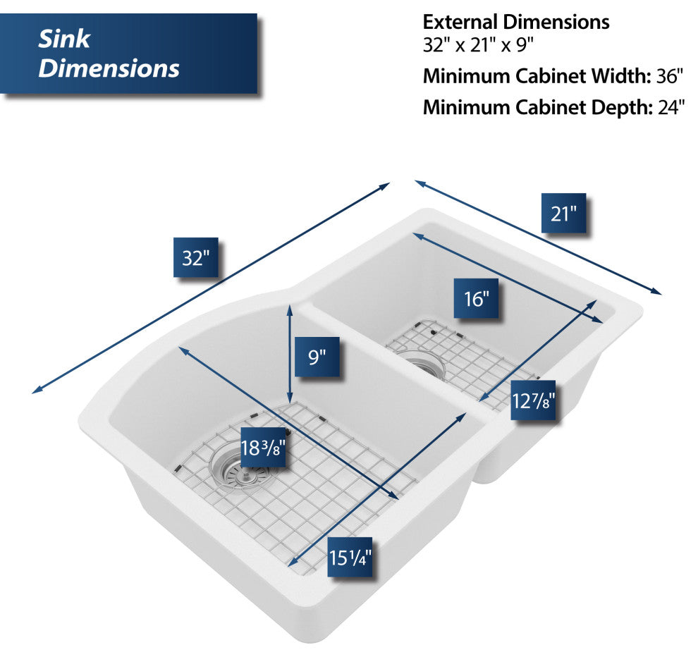 Karran Undermount Quartz 32" 60/40 Double Bowl Kitchen Sink Kit, White