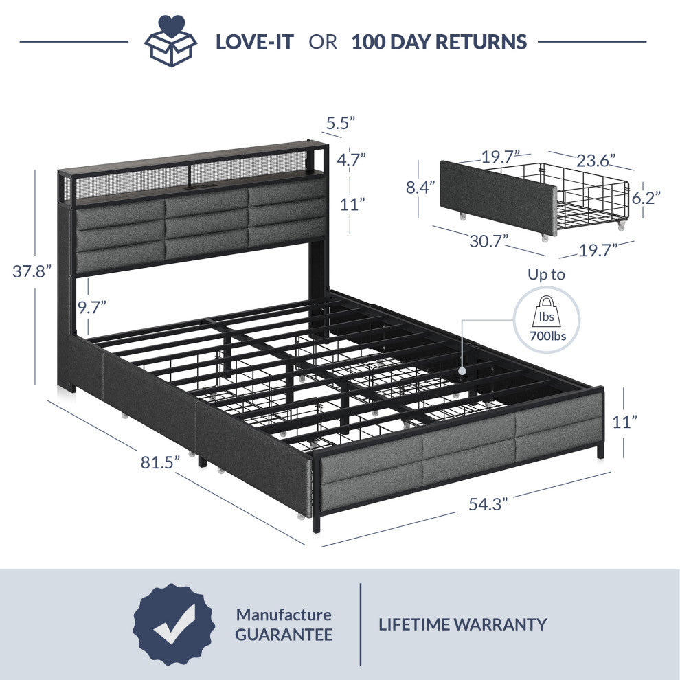 Full Size Bed Frame with Storage Drawers and Headboard (Gray)
