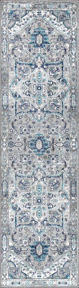 Modern Persian Vintage Medallion Light Grey/Blue 2' x 8' Runner Rug