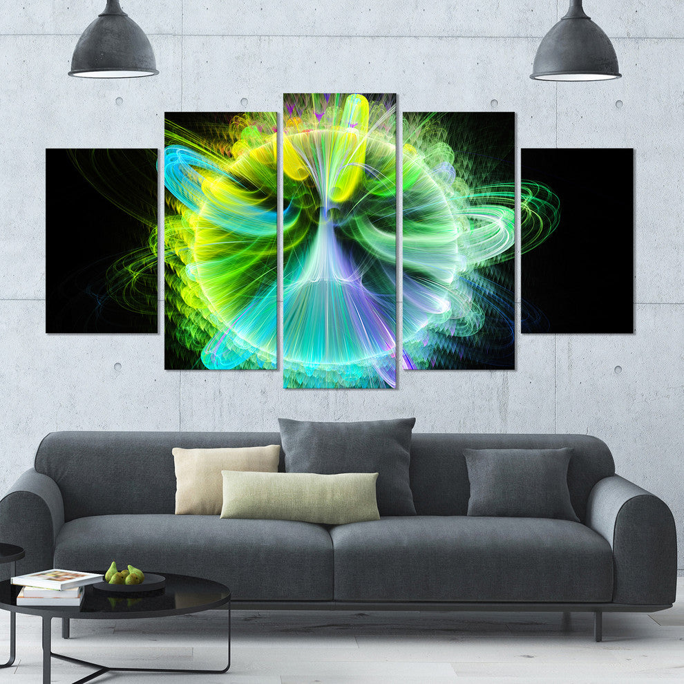 Green Fractal Vortices of Energy, Floral Canvas Art Print, 60"x32", 5 Panels