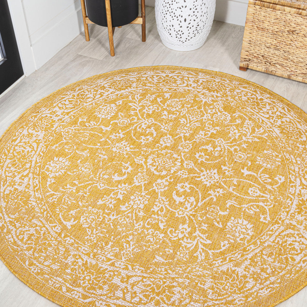 Tela Boho Textured Weave Floral Indoor/Outdoor Rug, Yellow/Cream, 5' Round