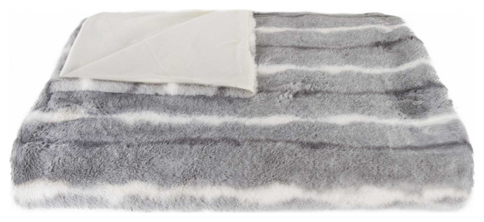 50" X 70" Gray and White Faux Fur Striped Plush Throw Blanket