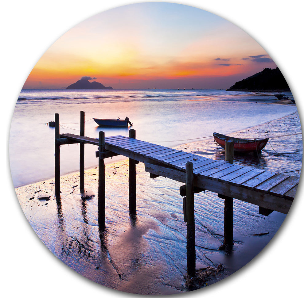 Old Wooden Pier At Sunset, Seascape Photo Round Wall Art, 11"