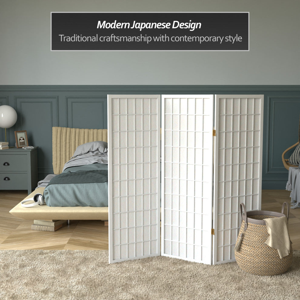 4' Tall Window Pane Shoji Screen, White, 3 Panels