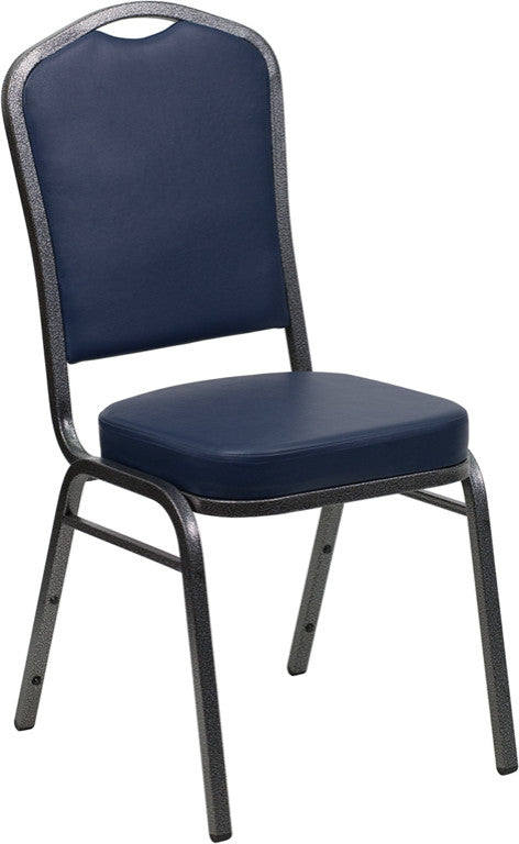 Crown Back Stacking Banquet Chair in Navy Vinyl - Silver Vein Frame