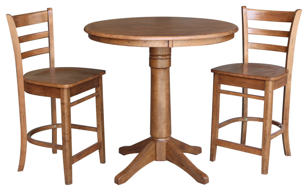 36" Round Pedestal Gathering Height Table With 2 Emily Counter Height Stools, Distressed Oak