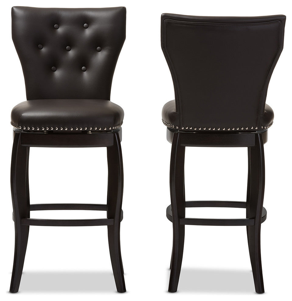 Brown Faux Leather Upholstered Button-Tufted 29" Swivel Bar Stool, Set of 2