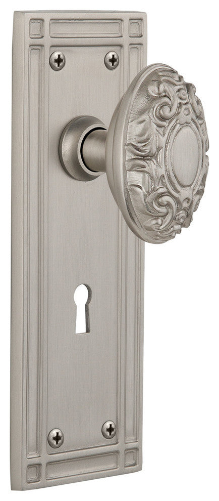 Mission Plate Privacy Victorian Knob, Satin Nickel