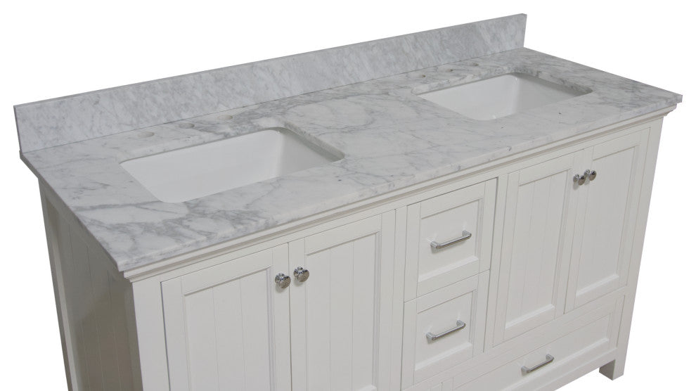 Paige 60" Bathroom Vanity, White, Carrara Marble, Double Sink